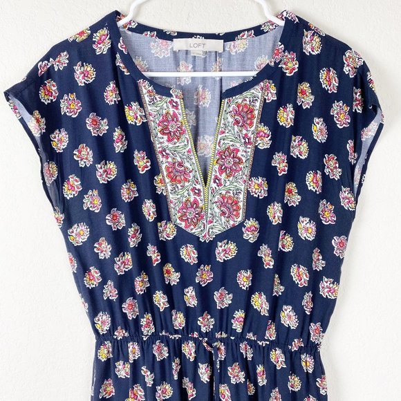 LOFT Navy Blue Floral Drawstring Midi Dress M - Picture 4 of 8